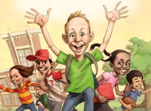 children running out from school